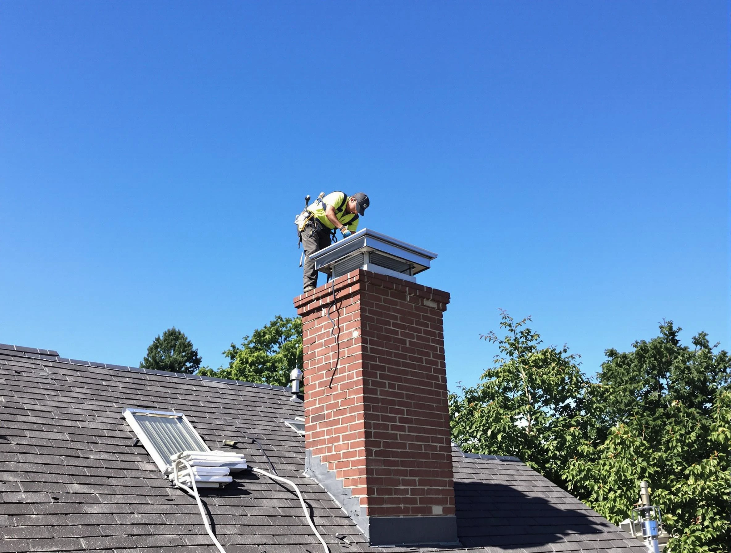 Swissvale Chimney Sweep technician measuring a chimney cap in Swissvale, PA